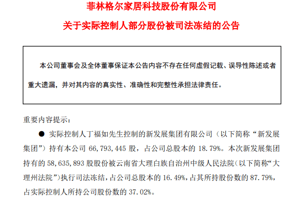 菲林格尔:实控人近5863.59万股股份被司法冻结-叭楼楼市分享网