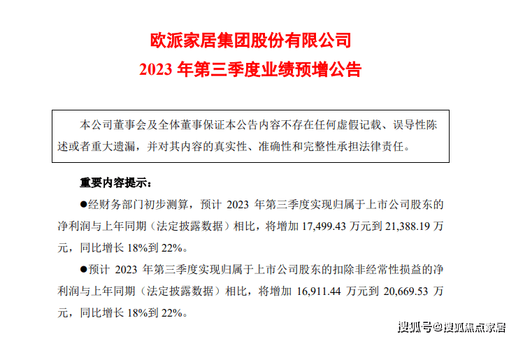欧派家居:预计2023年第三季度归母净利润同比增加18%到22%-叭楼楼市分享网